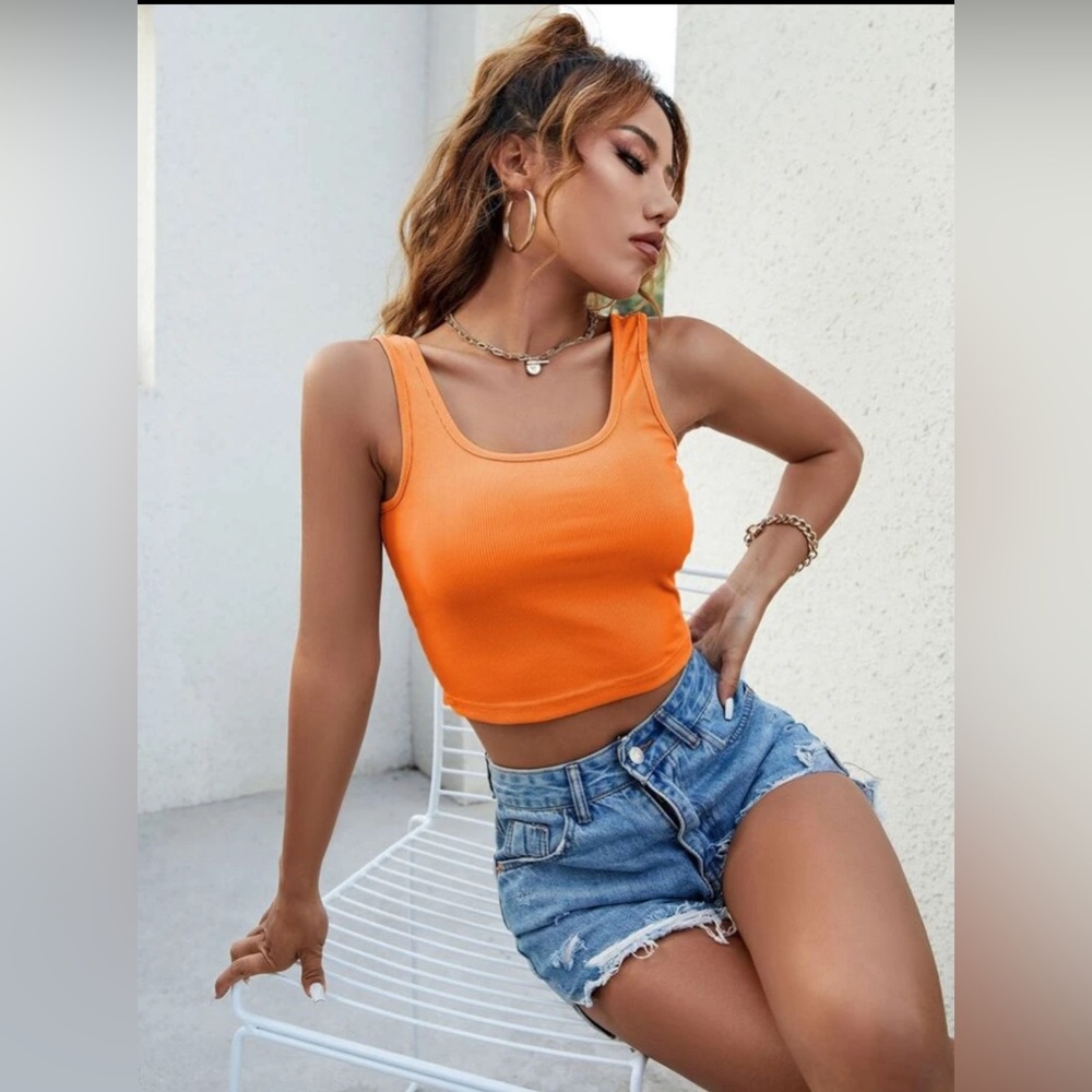 Orange Ribbed Knit Solid Tank Top - Picture 1 of 7